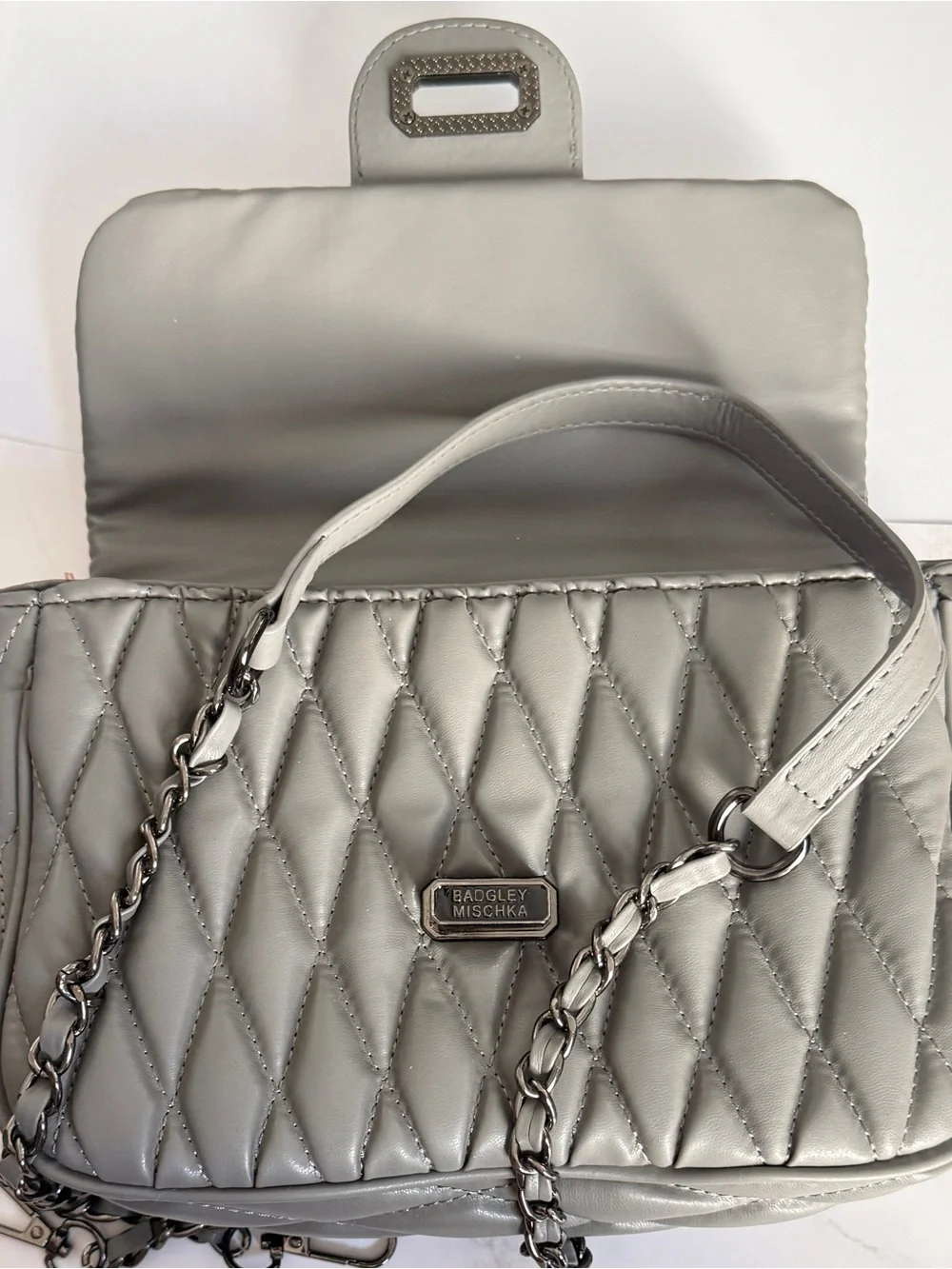Badgley Mischka Quilted Silver-Gray Crossbody Bag